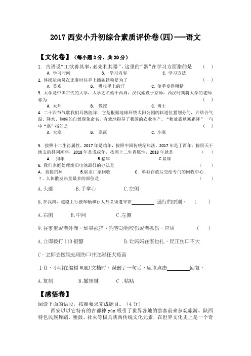 2017西安小升初综合素质评价卷(四)---语文