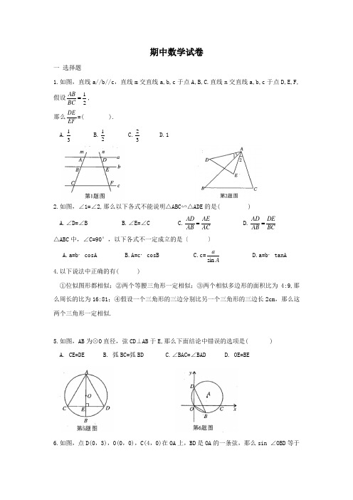 2022年青岛版初中数学青岛九上期中数学试卷(附答案)