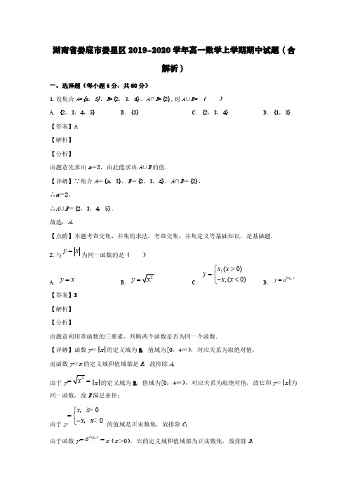 湖南省娄底市娄星区2019-2020学年高一数学上学期期中试题(含解析)