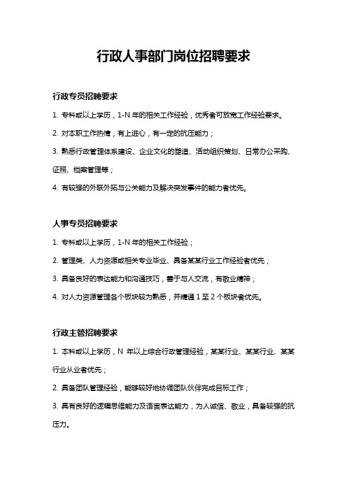 行政人事部门岗位招聘要求word模板