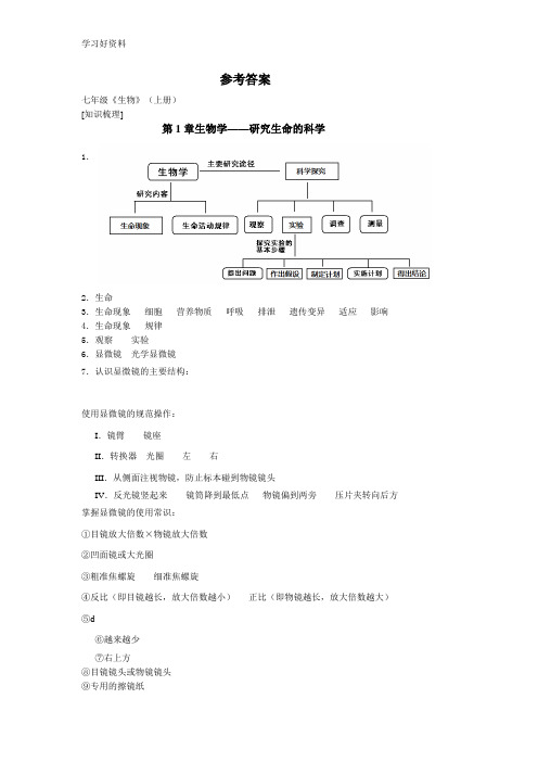 中考指南苏科版生物中考复习知识梳理参考答案