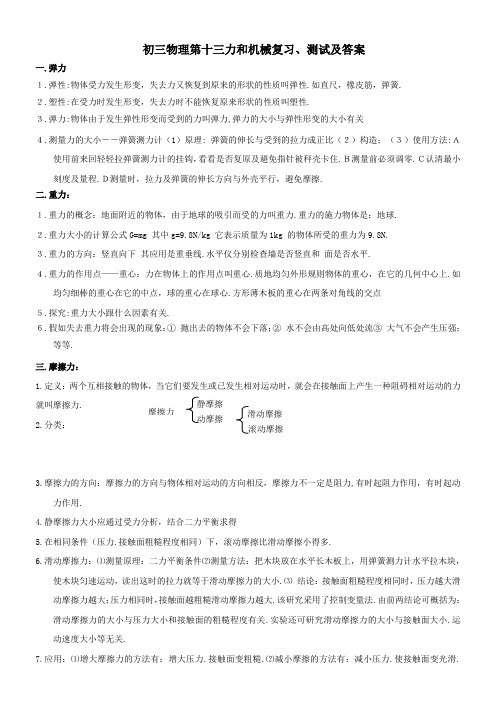 初三物理第十三力和机械复习、测试及答案