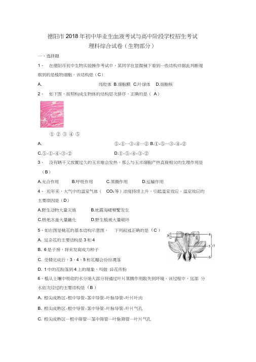 四川省德阳市2018年中考生物试题(word版含答案)