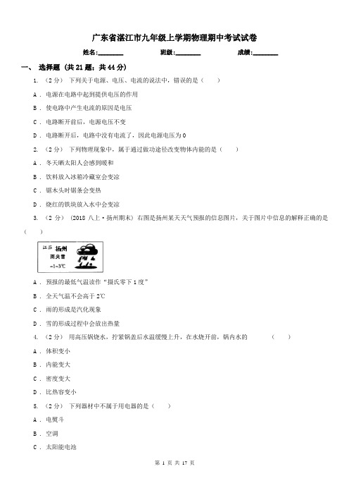广东省湛江市九年级上学期物理期中考试试卷