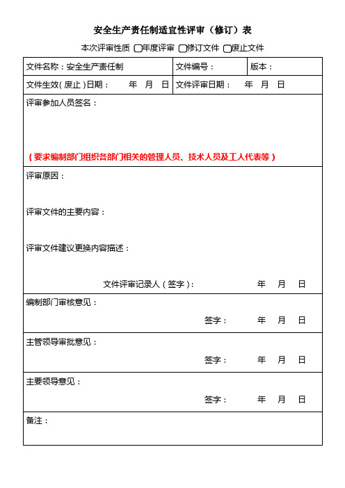3、安全生产和职业卫生责任制适宜性评审(修订)表