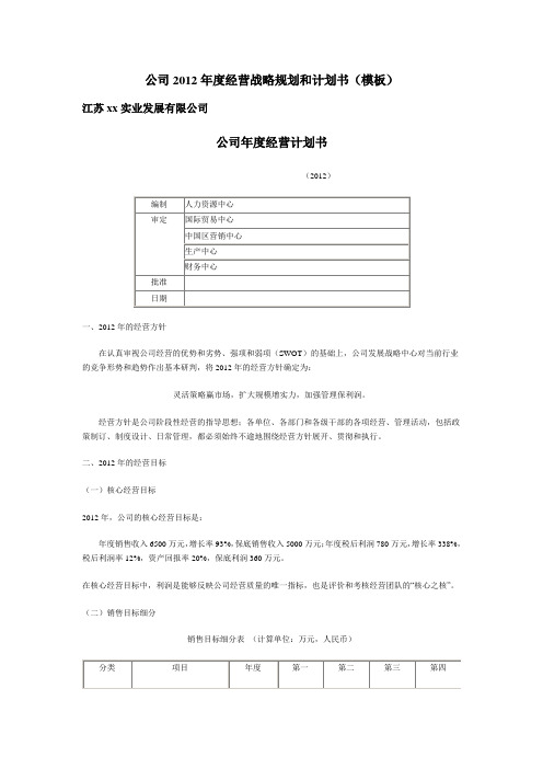 公司2012年度经营战略规划和计划书(模板)(模板)