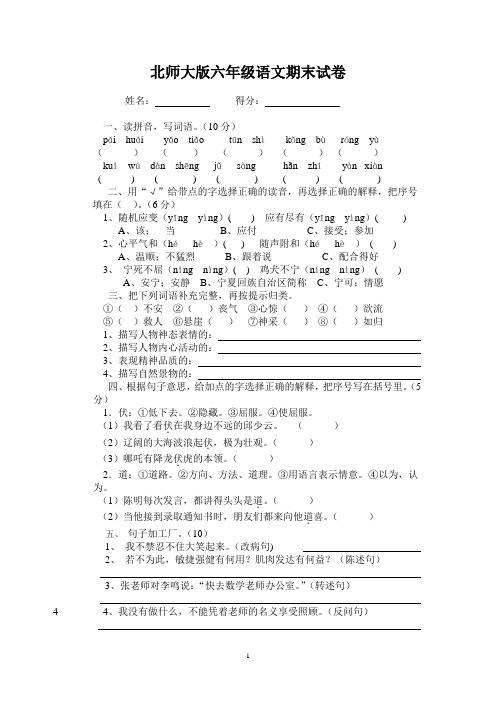 北师大版六年级语文期末试卷
