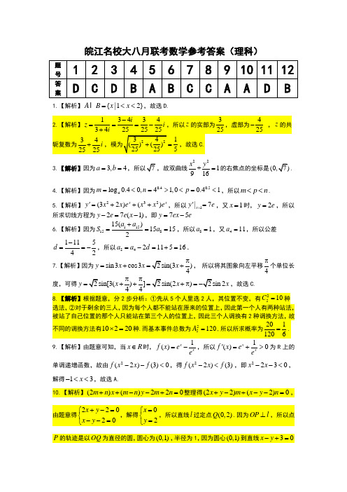 2020届高三皖江名校大八月联考数   学(理科)答案