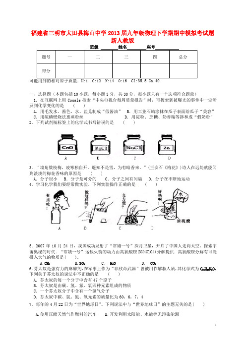 福建省三明市大田县梅山中学九年级化学下学期期中模拟