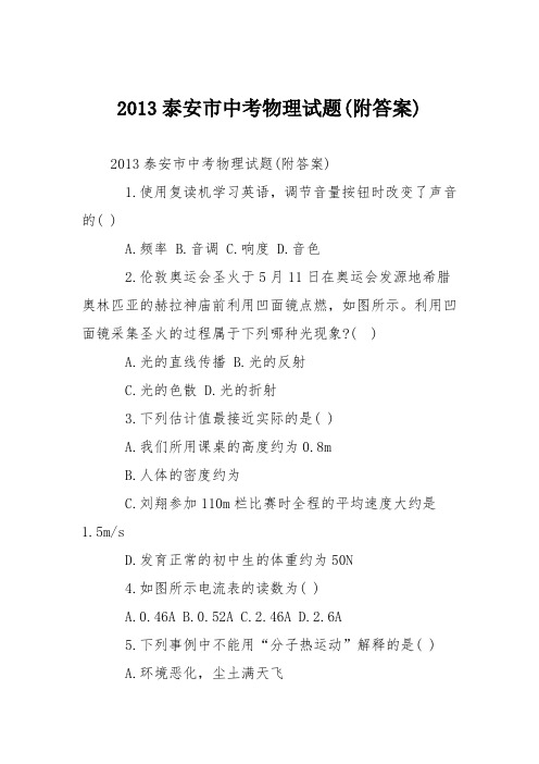 2013泰安市中考物理试题(附答案)
