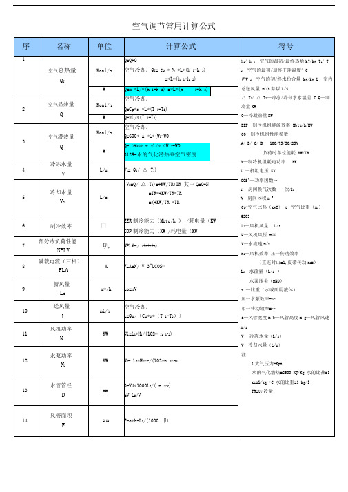 空气调节常用计算公式
