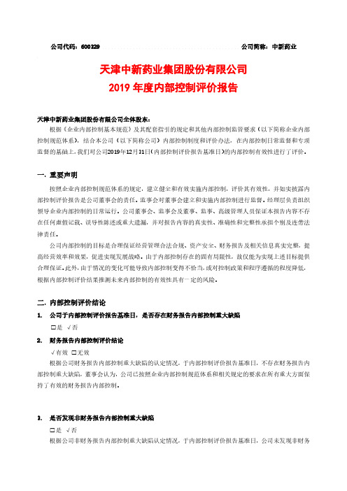 中新药业：2019年度内部控制评价报告