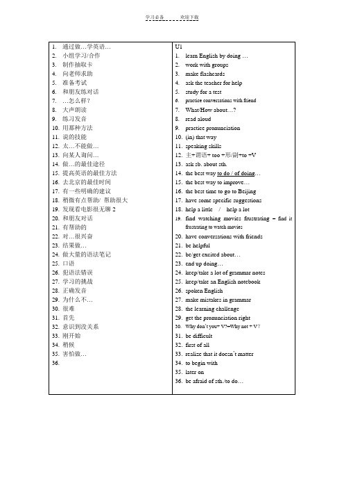 九年级上英语第一单元词组