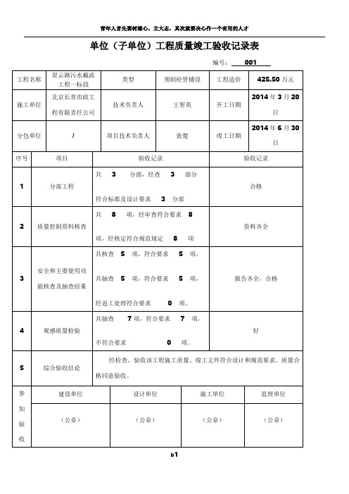 单位(子单位)工程质量竣工验收记录表
