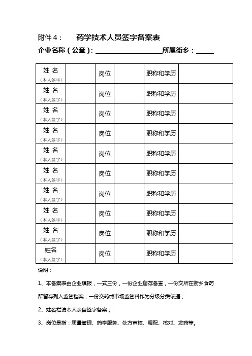 药学技术人员签字备案表