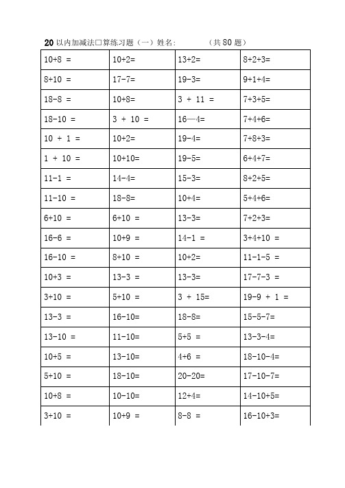 (完整版)20以内加减法练习题直接打印版(可编辑修改word版)
