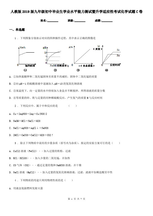 人教版2019版九年级初中毕业生学业水平能力测试暨升学适应性考试化学试题C卷