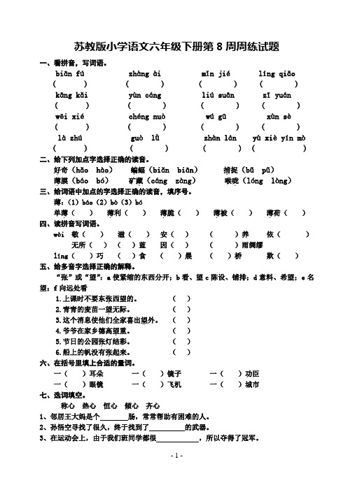 苏教版小学语文六年级下册第8周周练试题