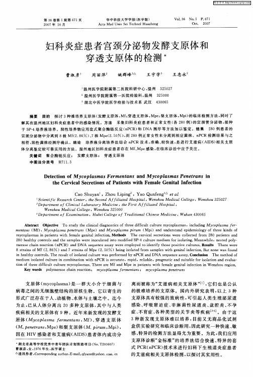 妇科炎症患者宫颈分泌物发酵支原体和穿透支原体的检测
