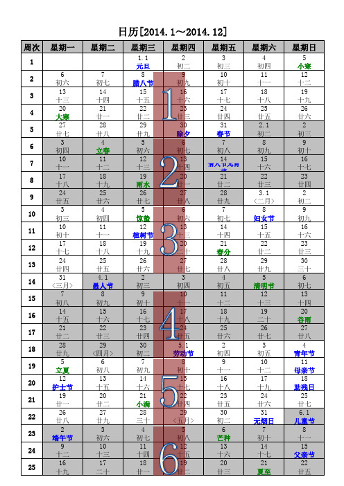 2014年日历(含2014年农历,2014年周历,2014年节气)