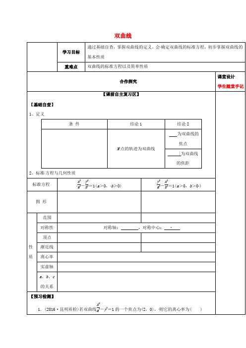 山东省胶州市2018届高考数学一轮复习 专题 双曲线学案(无答案)文