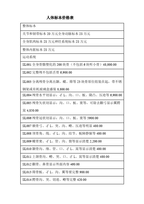人体标本价格表(精)