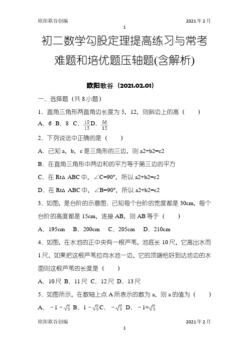 初二数学勾股定理提高练习与常考难题和培优题压轴题(含解析) 之欧阳歌谷创作