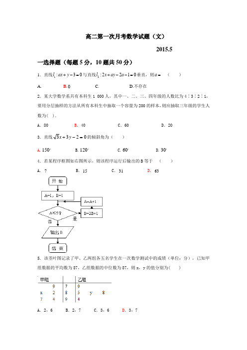 安徽省六安市霍邱县第一中学2015-2016学年高二下学期第一次月考数学(文)试题
