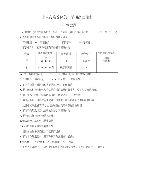 2019-2020年北京市海淀区高二上学期期末练习生物试卷(有答案)【优质版】