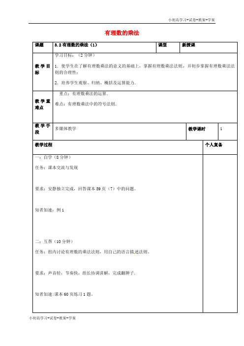 [学习资料]七年级数学上册 3.2《有理数的运算》有理数的乘法教案1 (新版)青岛版