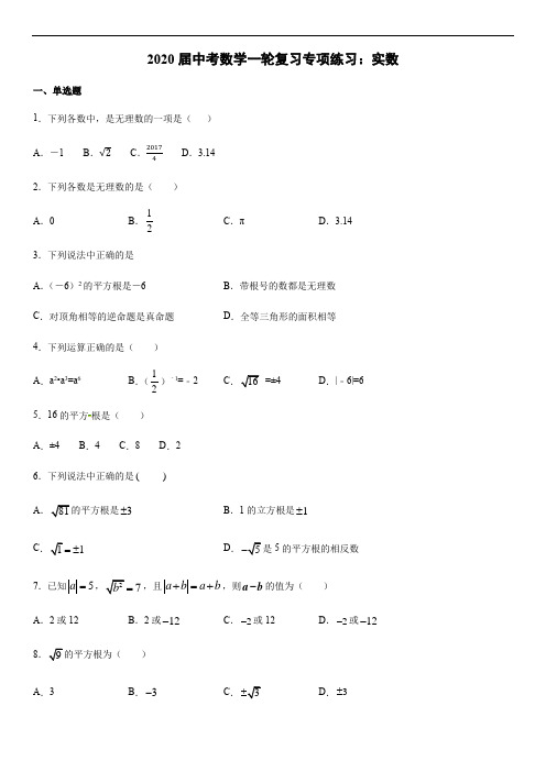 2020届中考数学一轮复习专项练习：实数(含答案)