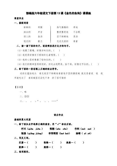 新部编版六年级语文下册第13课《金色的鱼钩》一课一练(附答案)