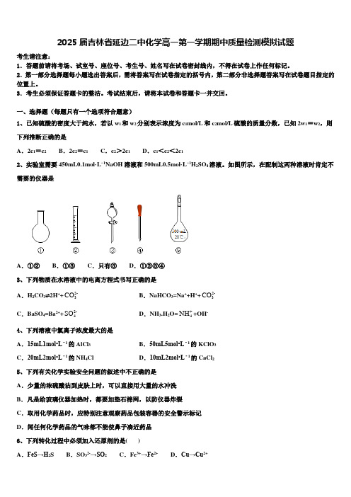 2025届吉林省延边二中化学高一第一学期期中质量检测模拟试题含解析