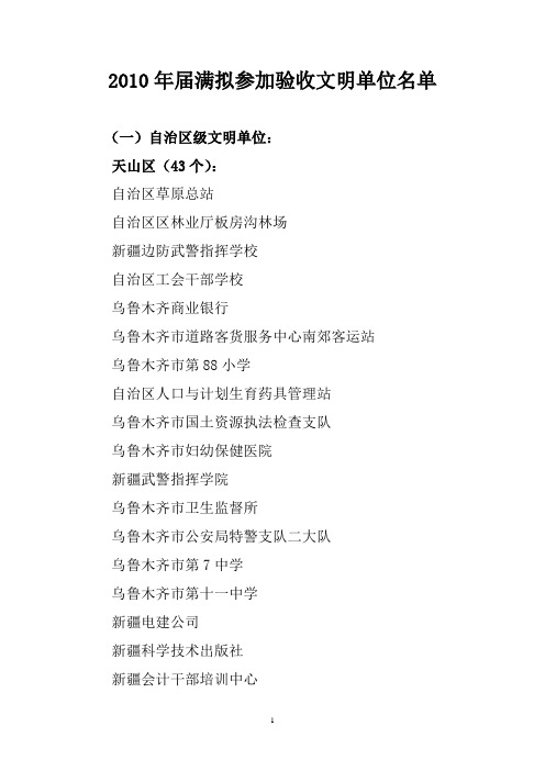 2010年届满拟参加验收文明单位名单