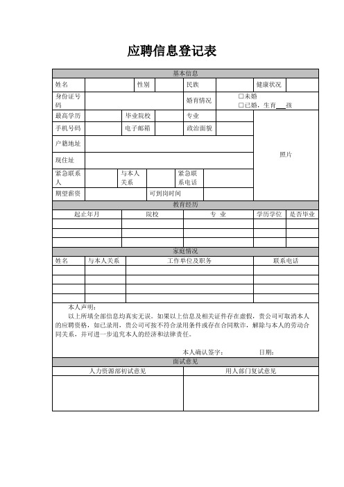 普工应聘人员登记表