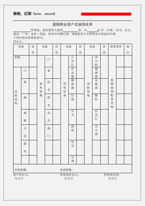 退租物业房产交接验收单 -
