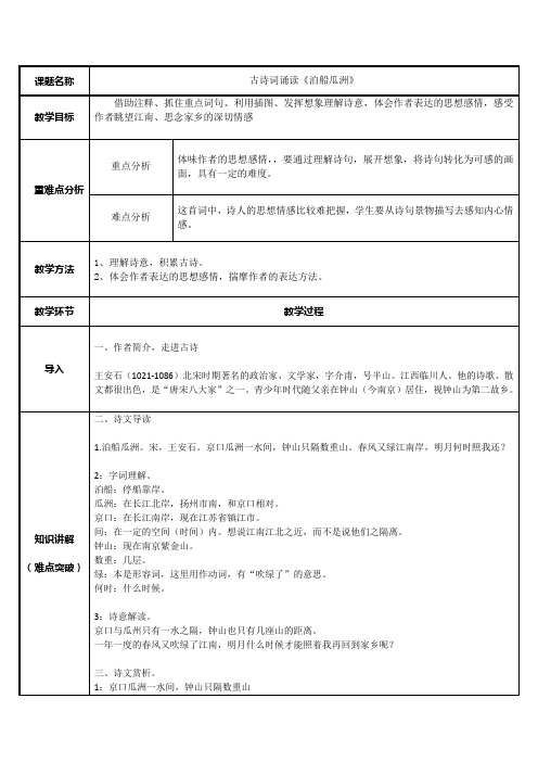 人教部编版六年级下册泊船瓜洲精品教案