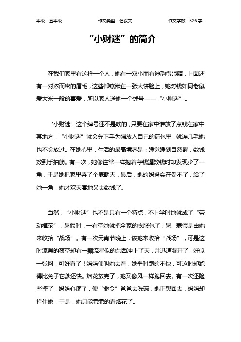 “小财迷”的简介作文【小学五年级500字】