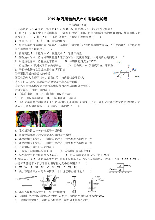 2019年四川省自贡市中考物理试卷(无水印可编辑)