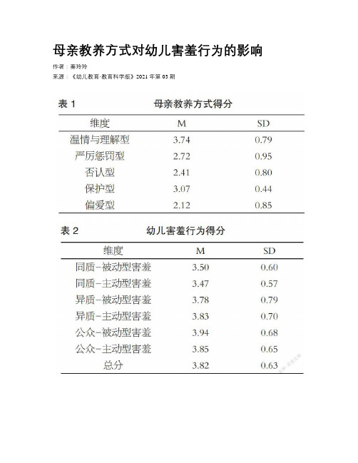 母亲教养方式对幼儿害羞行为的影响