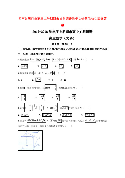 河南省周口市高三上学期期末抽测调研数学文试题Word版含答案