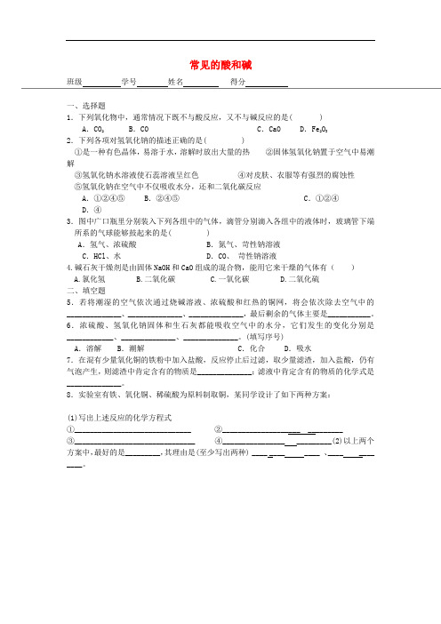 江苏省射阳县特庸初级中学九年级化学下册 第十单元 课题1《常见的酸和碱》作业4(无答案)(新版)新人教版