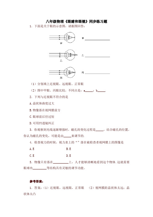 人教版八年级物理上册5.4 眼睛和眼镜 练习 含答案
