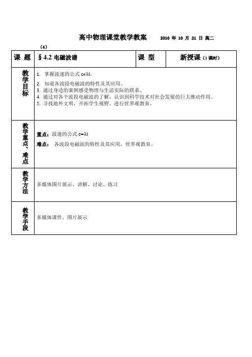 新课标人教版1-1选修一4.2《电磁光谱》WORD教案0