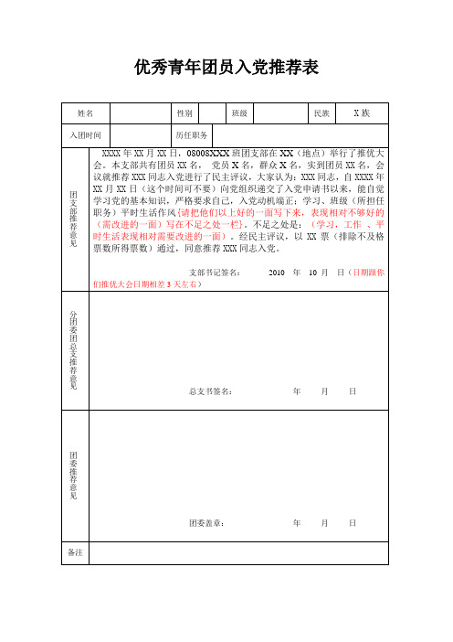 优秀青年团员入党推荐表模板