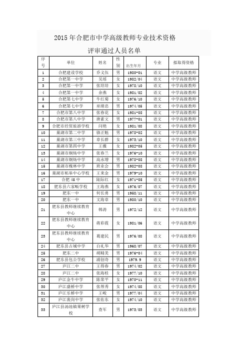 2015年合肥市中学高级教师专业技术资格