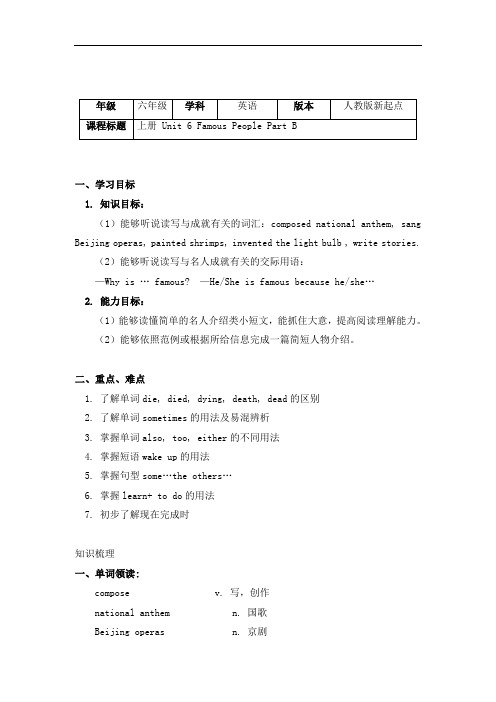 六年级英语上册知识梳理- Unit 6 Famous People Part B-人教新起点