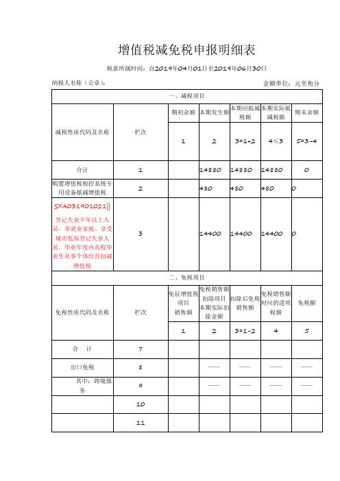 增值税减免税申报明细表