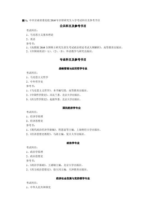 附1：中共甘肃省委党校2016年在职研究生入学考试科目及参