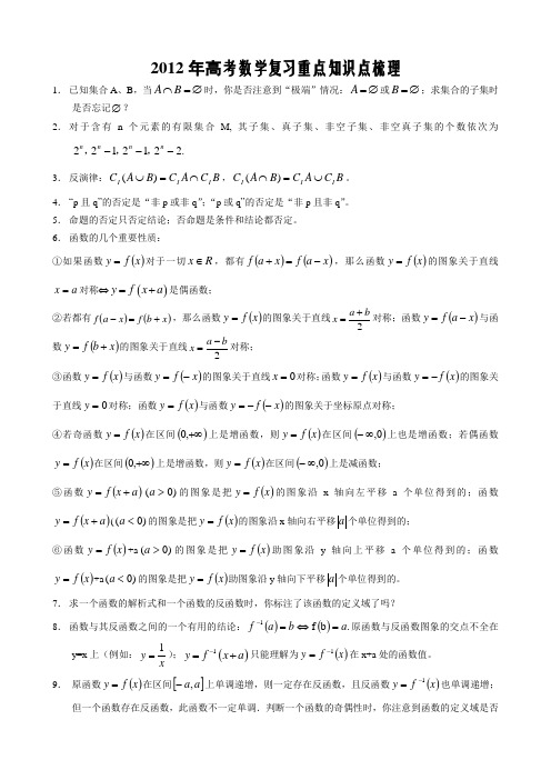 2012年高考数学复习重点知识点梳理